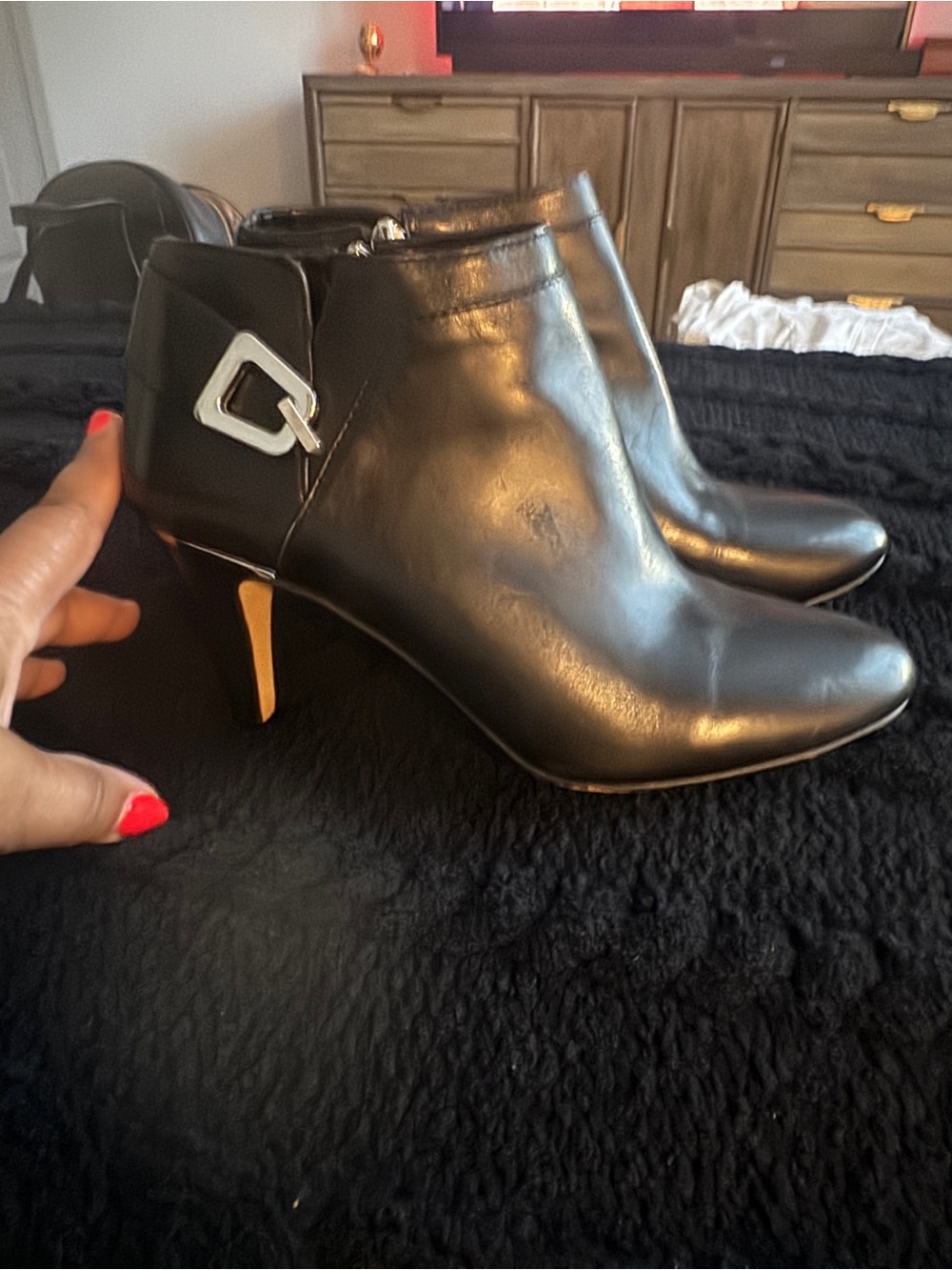 Vince Camuto Black Leather Ankle Booties with Silver Accent